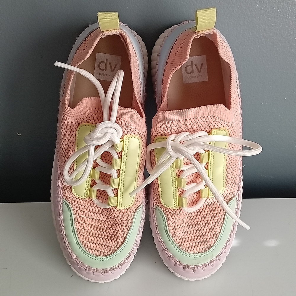 DV by Dolce Vita Girls Peach Knit Low Top Sneakers Lace Up Pastel Trim Size 4